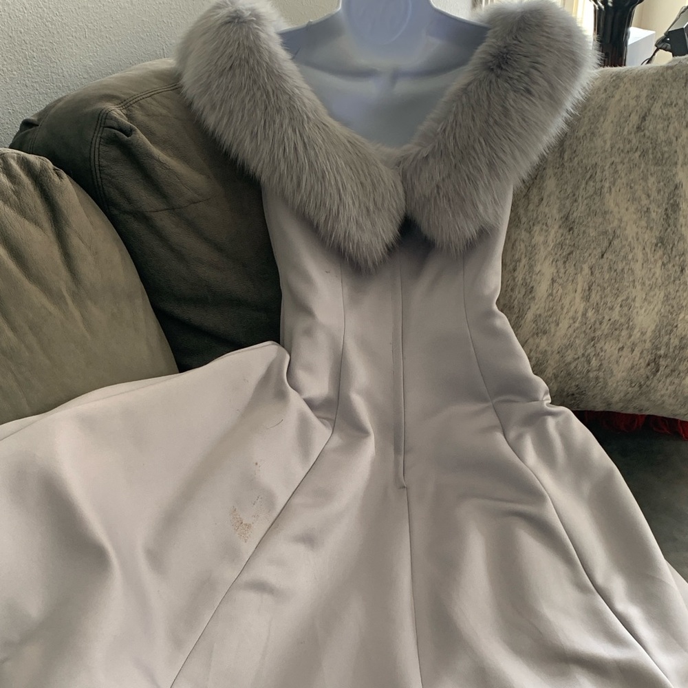 Victor Costa for Neiman Marcus Silver Fox Fur, Pearl Grey evening gown